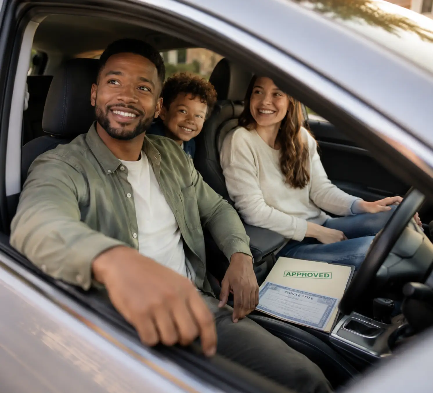 Happy family after receiving approval for a title pawn rescue loan while keeping their vehicle.